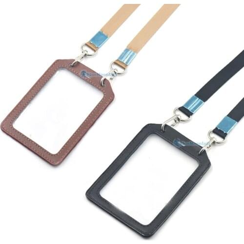 1 Set / Lot Vertical Genuine leather ID Cards Holder with Straps Lanyard Snap Hook Exhibition Badge Office and business 2 color