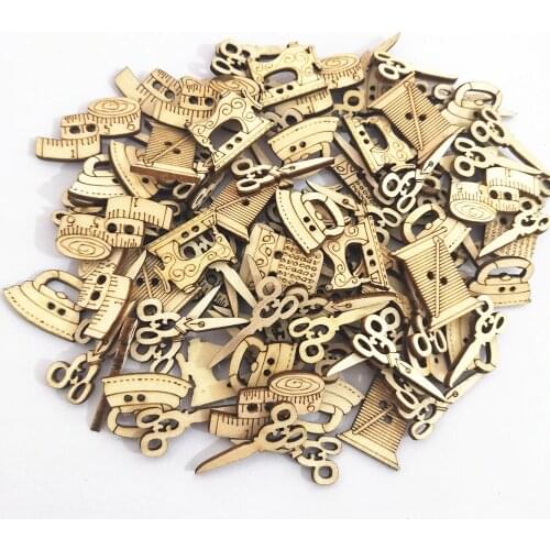 100pcs Sewing Machine Scissors Iron Tape Shapes Mixed Natural Wooden Buttons For Children Clothes Decorative Button Scrapbooking