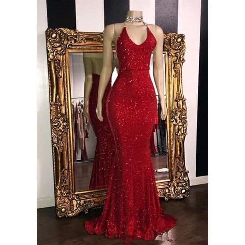 Sparkly Red Sequins Prom Dresses 2020 Halter Mermaid Long Prom Gowns Low Back Arabic Party Dress vestidos de cóctel سكسي نيك
