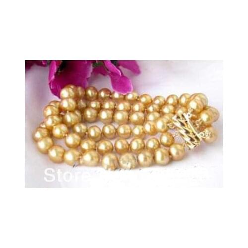 Wholesale Pearl Jewelry Natural 3Rows 8'' 8-9mm Gold Round Freshwater Pearl Bracelet Qualit Style Free Ship