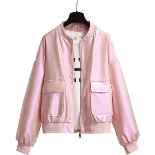 Casaco Feminino Pink Baseball Uniform Tops Shiny Womens Jacket Spring Autumn 2021 New Thin Short Jackets Casual Coat Female