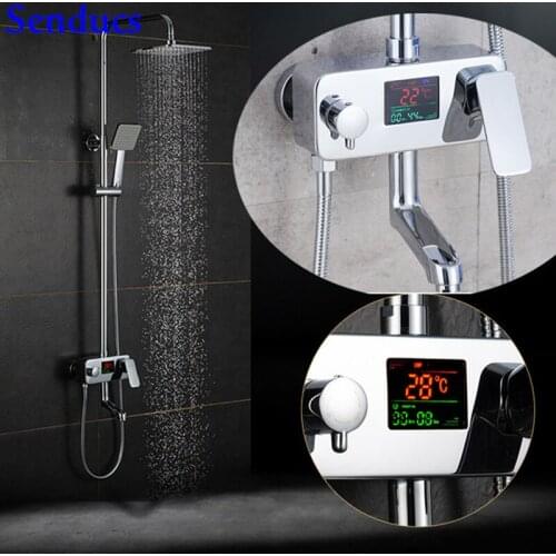 Senducs Digital Bathroom Chrome Set Solid Brass Bathroom Shower System Top Shower Head Shower Set Digital Shower System