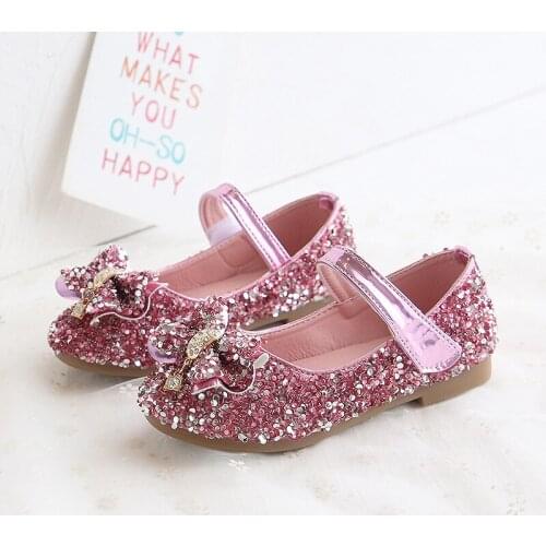 Kids Girls Princess Shoes Girls Bow Glitter Flat Children Fashion Leather Shoes for Wedding Party Blue Pink Silver E652