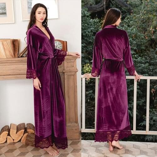 Women Long Velvet Robe Bride Bridesmaid Robes Lace Robe Bridal Robe Wedding Robe Sleepwear Bathrobe Dressing Long Gowns
