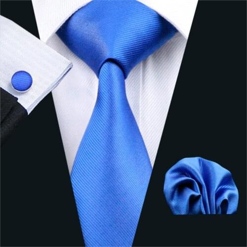 FA-850 Hot Sale Fashion Mens Tie Blue Solids Silk Jacquard Woven Gravata Necktie Hanky Cufflinks Set For Business Wedding Party