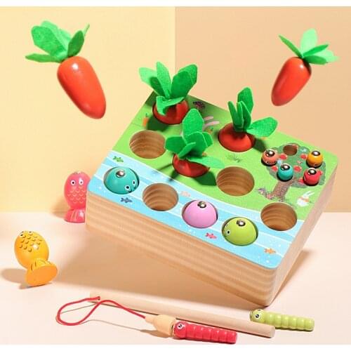 New Kids Montessori Wooden Magnetic Games Fishing Toy Catch Worm Pulling Carrot Game 3D Fish Kids Educational Toys Funny Gifts