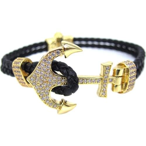 Fashion Gold-Color & Micro Pave CZ PU Leather Bracelet Men Anchor Woven Bracelets & Bangles Multilayer Charming Rope Hand Chain