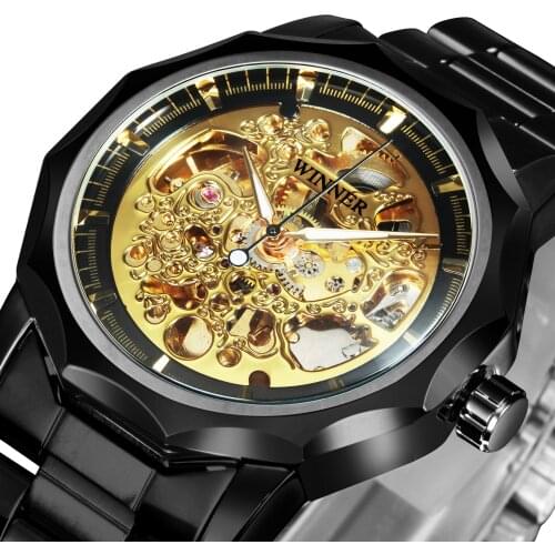 WINNER Official Automatic Mechanical Watch Men Silver Golden Skeleton Top Brand Luxury Stainless Steel Band Business Classic Big