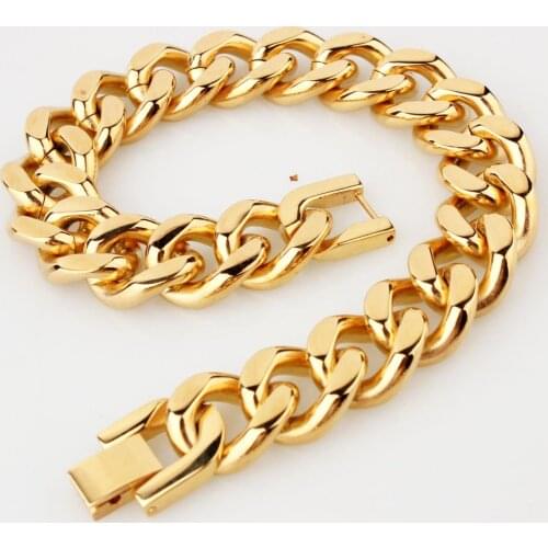 Fashion 15mm Wide 316L Stainless Steel Boys Mens Chain Cut Rombo Curb Link Black Gold-color Bracelet 7-11 inch