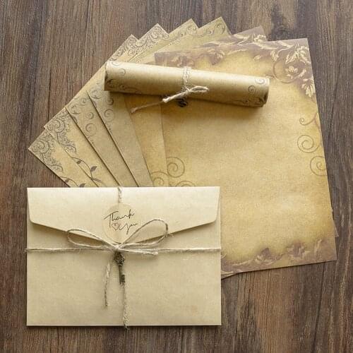 Retro Vintage Kraft Envelope Letter Pad Set Old Europe Style Love Letter Invitation Envelopes Writing Paper with Rope