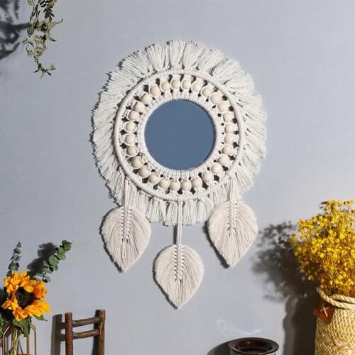 Wall Mirror Hanging Vintage Acrylic Macrame Fringe Hand Knitting Mirror for Living Room