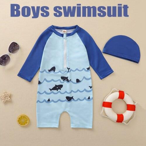 1-6Y Cute One-Piece Swimsuit Toddler Boys Short Sleeve Swimwear Outfits Children Kids Cartoon Beach Wear With Swimming Cap