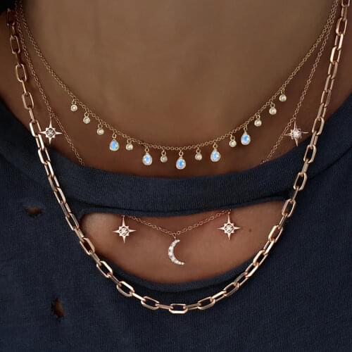 Boho Fashion Pendant Necklaces For Women Vintage Gold Crystal Star Moon Sun Water Drop Necklace Multilayer Female Jewelry Gift