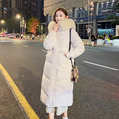 Womens Long Parkas Hooded with Fur Thick Ladies Winter Jackets Long Sleeve Cotton Padded Horn Button Overcoat for Female 2021
