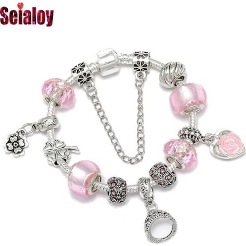 Seialoy Fashion Pink Crystal Crown Charm Bracelets For Women Girl Original Heart Flower Pendant Shiny Beads Bangle Party Jewelry
