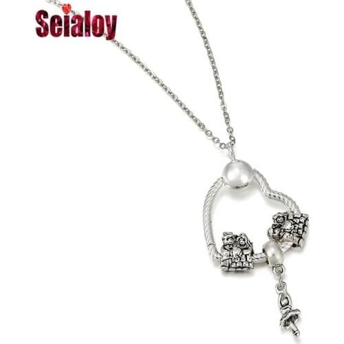 Seialoy Silver Color Dancing Girl Charm Marriage Couples Beads Heart Pendant Necklace For Women Girls Necklace Jewelry Wife Gift