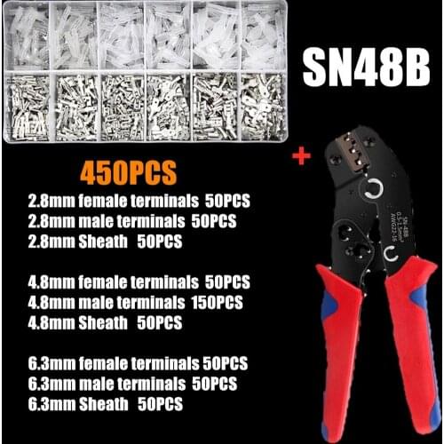 SN-48B crimping pliers 0.25-1.5mm2 23-16AWG with 450Pcs 2.8 4.8 6.3mm terminal box Car connector wire electrician tools