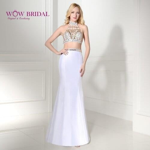 Wowbridal Sexy Two Piece Prom Dresses 2021 Backless Off the Shoulder Crystal Strapless Halter Mermaid 2 Piece Prom Dress