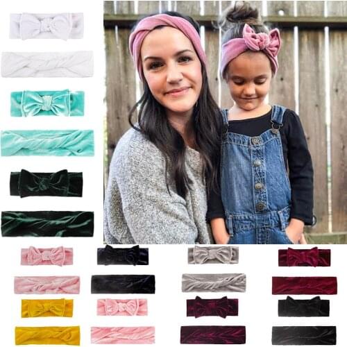 Yundfly 2pcs/set New Parent-child Golden Vevlet Knotted Headwrap Set Mom & Me Bowknot Headband Set Photo Props Gift
