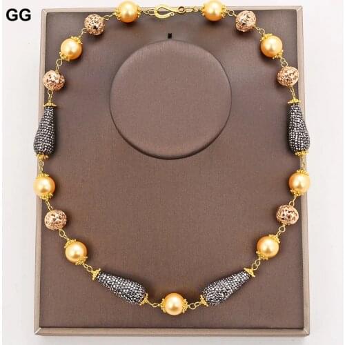 GuaiGuai Jewelry 21" 16mm Yellow Sea Shell Pearl Necklace CZ Pave Connector