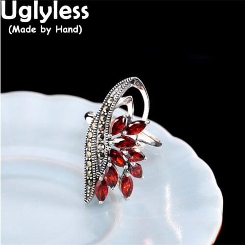 Uglyless Irregular Geometric Rings for Women Sparkly Garnet Red Rings Exotic Marcasite Jewelry 925 Silver Exaggerated Wide Rings