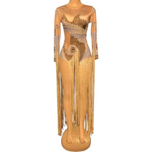 Female Singer DJ Nightclub Show Tassel Leotard Stage Performance Dance Costume Fashion Women Rhinestones Gold Fringes Bodysuit