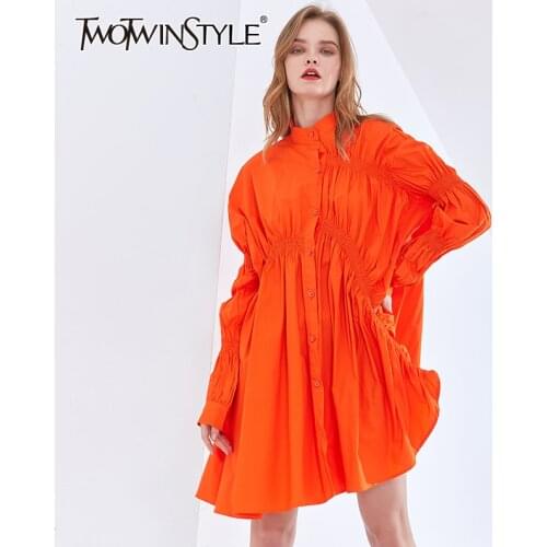TWOTWINSTYLE Drawstring Elegant Dress For Women Stand Collar Puff Sleeve Casual Loose Dresses Female Fashion New Spring Style