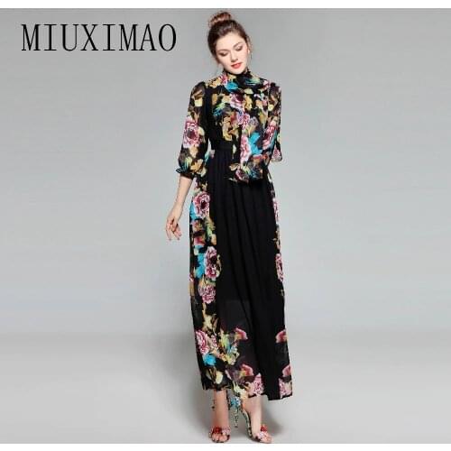 High Quality 2018 Spring New Arrival Vintage Bow Three Quarter Sleeve Elegant Print A-Line Ankle-Length Long Dress Women