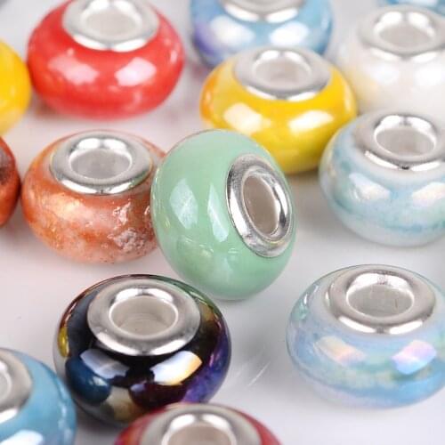 50Pcs Mixed Color Silver Plated Buckle Round Ceramic Bead Charm Jewelry Loose Big Hole fit Pandora DIY Bracelet Necklace