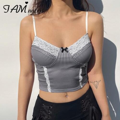Y2k Black Checkboard Print Lace Bow Crop Top Corset Women Kawaii Harajuku Milkmaid Summer Camisole Retro Fashion 90s Iamhotty
