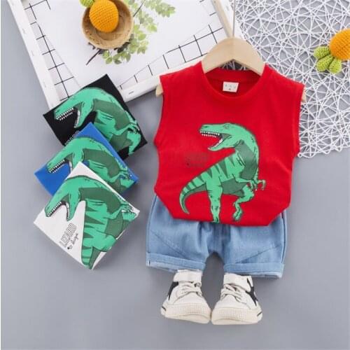 Summer Children Cotton Baby Boys Girls Clothes big dinosaur top vest Short jeans 2Pcs/sets Infant Kids Fashion Toddler Tracksuit