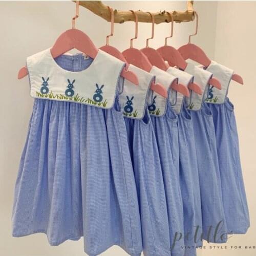 Kids Girls Spanish Smocking sweet cute sailor collar vintage plaid French sleeveless princess dress