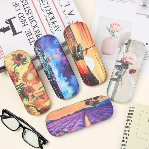 New Fashion Oil Painting Style Glasses Box Portable Vintage Floral Print Hard Leather Eyeglasses Case Glasses Holder Accessories