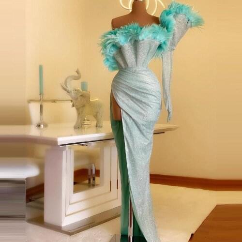 Sky Blue High Slit Mermaid Evening Dresses Sexy Strapless Feather Pageant Gowns No Gloves Custom Made Formal Party Dress