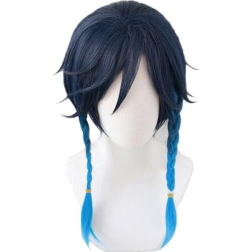 Genshin Impact Venti Cosplay Unisex 50cm Blue Wig Cosplay Anime Cosplay Braid Wigs Heat Resistant Synthetic Wigs Halloween