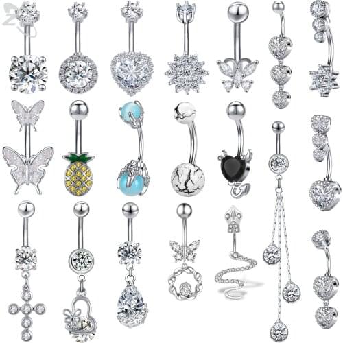 ZS 23 Styles Sexy Pendant Navel Belly Button Ring 14g Butterfly Heart Double Round Zircon Drop Belly Piercing For Women Girls