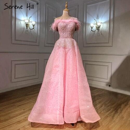 Serene Hill Pink A-Line Luxury Evening Dresses Gowns 2021 Feather Beaded For Women Wedding Party LA70901