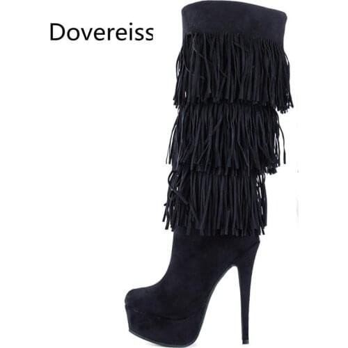 Dovereiss Fashion Womens Shoes Winter Pointed Toe Fringed sexy Zipper new Platform Stilettos heels Knee high boots 35-47