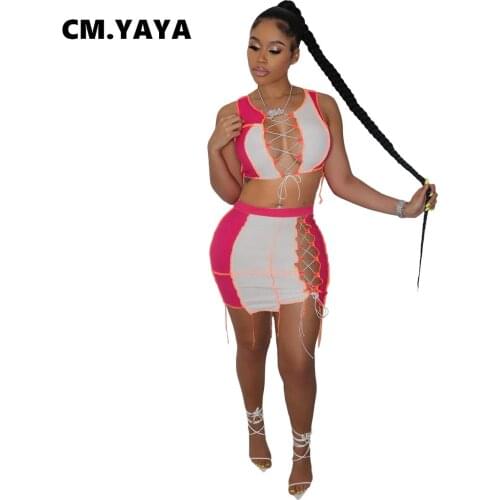 CM.YAYA Skirt Sets Women Patchwork Bandage Hollow Out Two Piece Set Sleeveless Crop Tops High Waist Mini Skirts Fashion Outfit