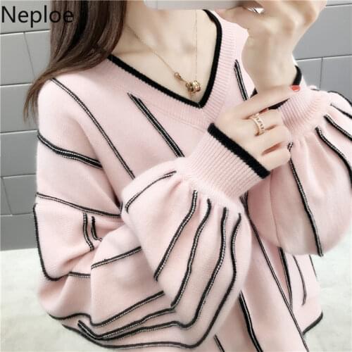 Neploe Autumn Winter 2021 New Knitted Sweater Women Loose wild Fashion V Neck Striped Pullover Patch Pull Femme lady Top 46650