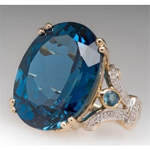 Yobest Blue Large Stone Princess Cut Gold Crystal Rings for Women Girl Engagement Birthday Gift Jewelry Luxury Ring