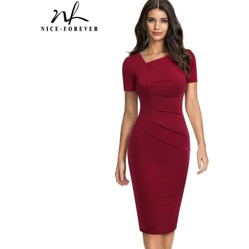 Nice-Forever Summer Women Simplicity Pure Color Work Dresses Business Office Elegant Vinatge Bodycon Dress B637