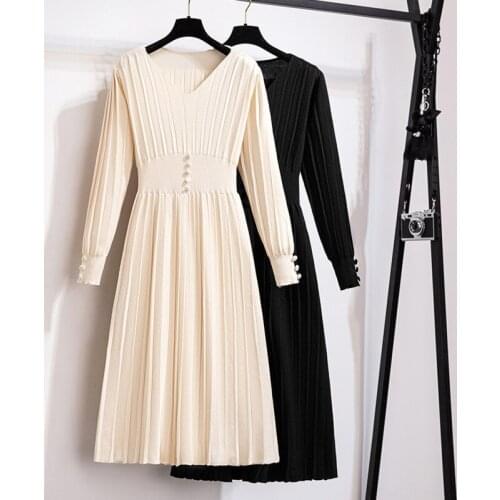 High Quality Korean Women Casual Long Sleeve Vintage Elegant Sweater Dress Female 2021 Spring One-piece Long Knitting Dress Robe