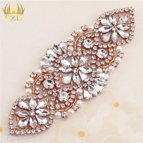 5 Pieces)Handmade Hot Fix Sew On Beaded Stones and Crystal Rose Gold Bridal Applique for DIY Wedding Sash Headdress Decor