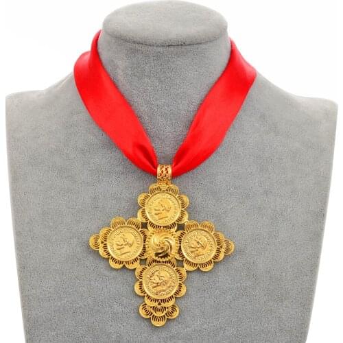 Anniyo Ethiopian Wedding Cross Pendant DIY Rope for Women Girls,Gold Color Eritrea Jewelry African Crosses #219206