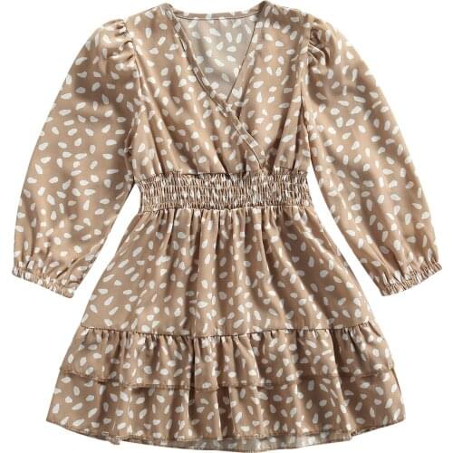 Toddler Smocked Dress Baby Girls Casual Spot Print Long Sleeve V-neck 1piece Girls Casual Dresses 3-7T