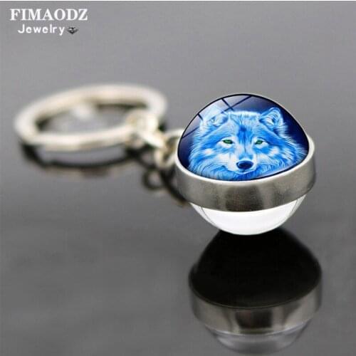 FIMAODZ Wolf Moon Keychain Howling Wolf and Moon Double Side Glass Ball Bag Pendant Key Chain Animal Jewelry