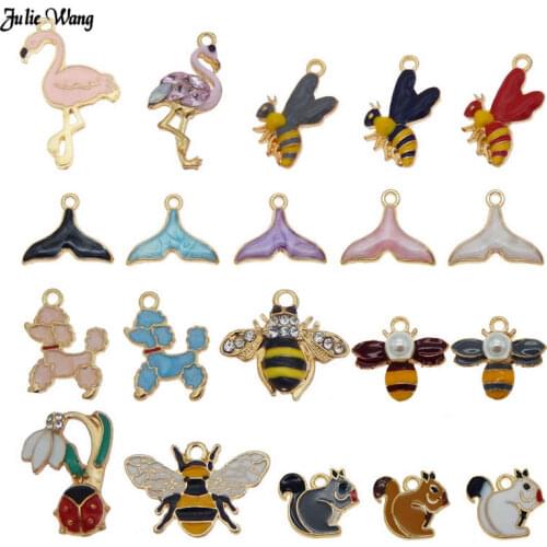 Julie Wang 5-10pcs Alloy Enamel Charms Earring Necklace Pendant Mixed Flamingo Mermaid DIY Women Bracelet Making Craft Accessory