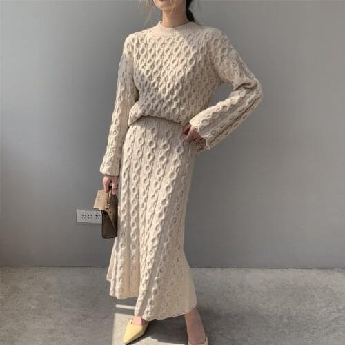 Obrix Casual Style Female Set O-Neck Full Sleeve Loose Pullover Long Mid Calf Length Two Pieces Skirt Set For Women