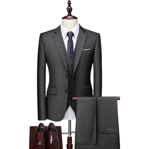 Jacket + Vest + Pants ) High-end Brand Luxury Dark Lattice Business Mens Slim Suit Groom Wedding Dress Tuxedo Banquet Clubmen